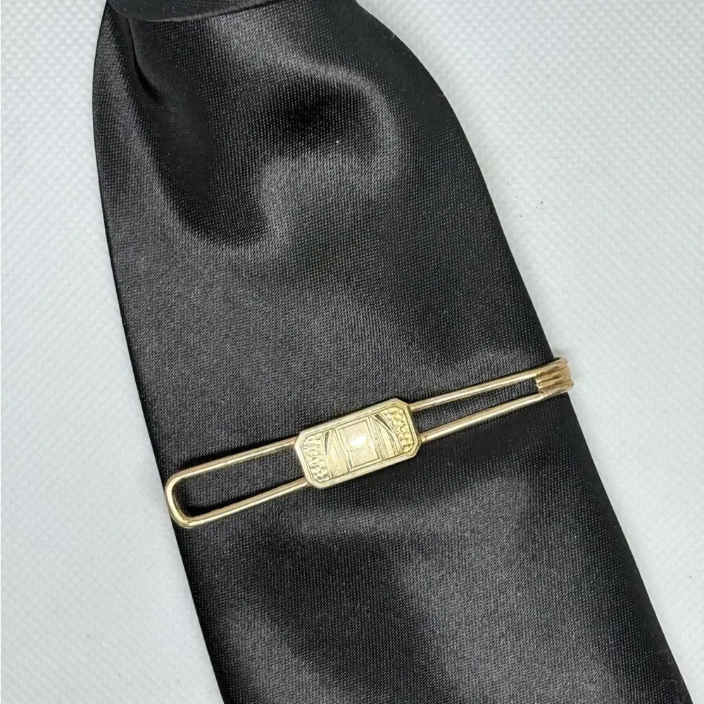 Vintage 50s Gold Tone Geometric Motif Tie Bar Money Clip